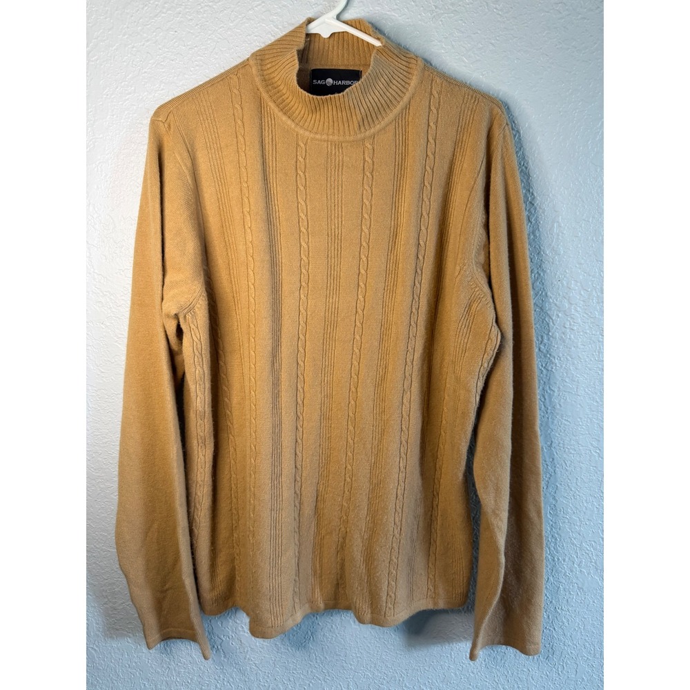 Cable Knit Sag Harbor Mock Neck Sweater Womens XL Tan Good